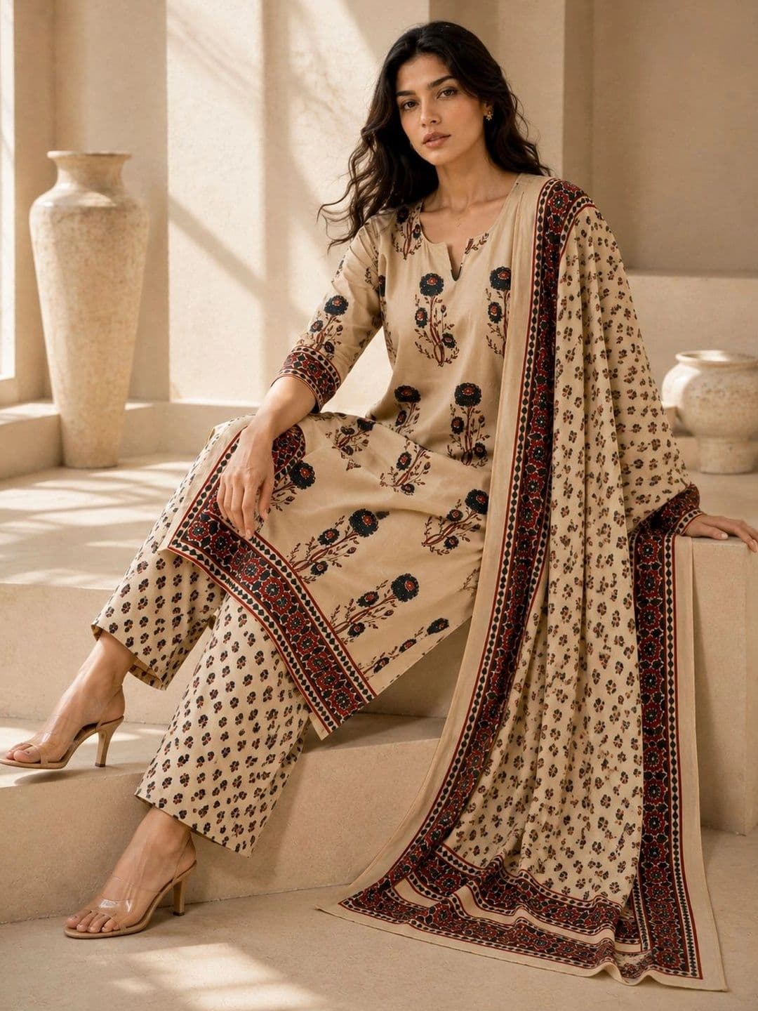 BANSARI COLLECTION Women Ethnic Motifs Printed Regular Pure Cotton Kurta with Palazzos & With Dupatta thumbnail 3