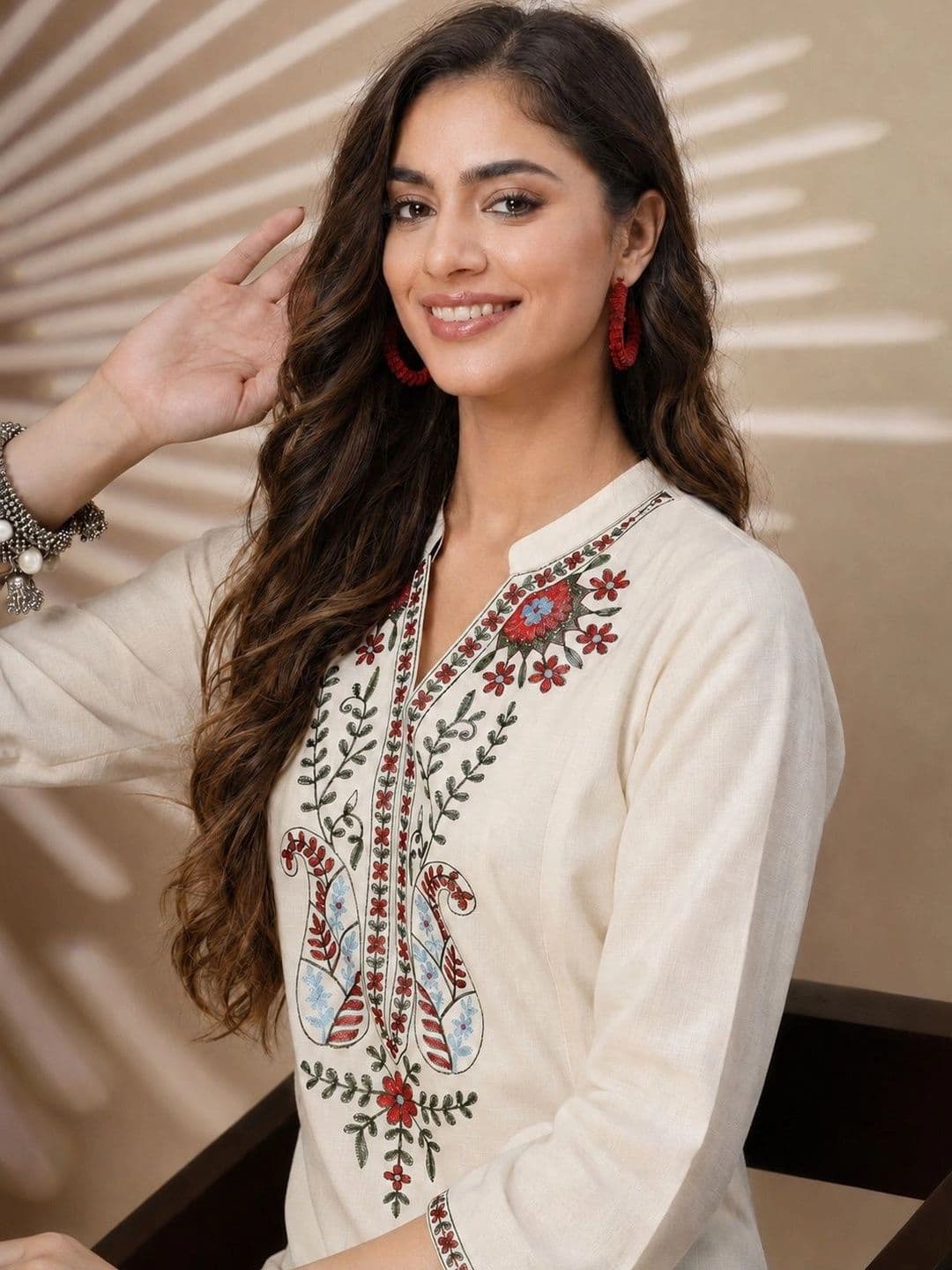 Utsavya Women Ethnic Motifs Embroidered Regular Thread Work Linen Kurta with Palazzos thumbnail 5