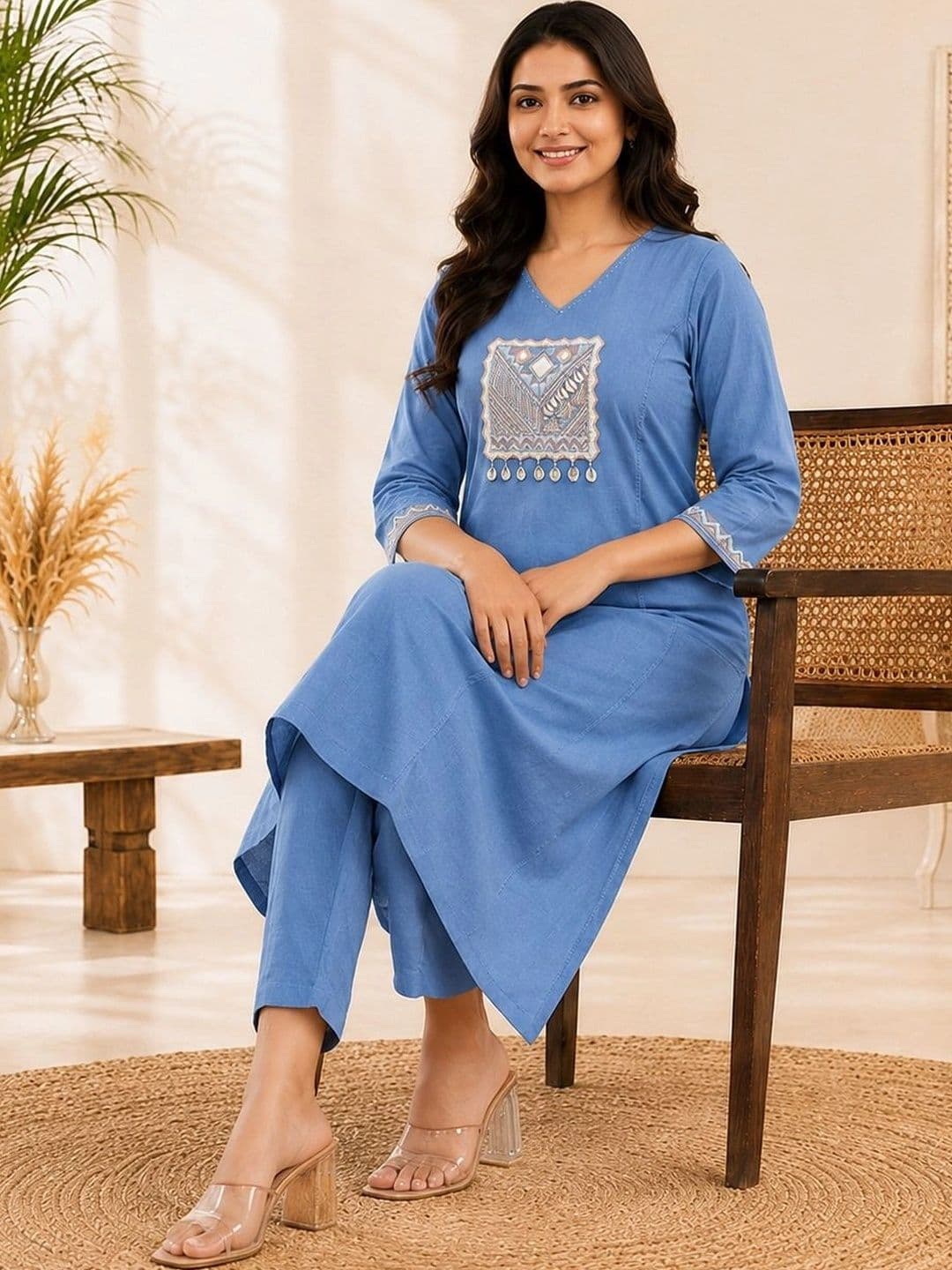 Sangria Women Ethnic Motifs Embroidered Regular Mirror Work Pure Cotton Kurta with Trousers thumbnail 5