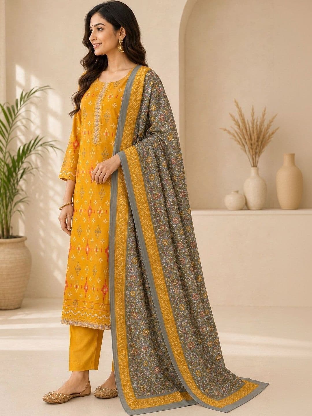 Anouk Women Ethnic Motifs Printed Regular Thread Work Pure Cotton Kurta with Trousers & With Dupatta thumbnail 3