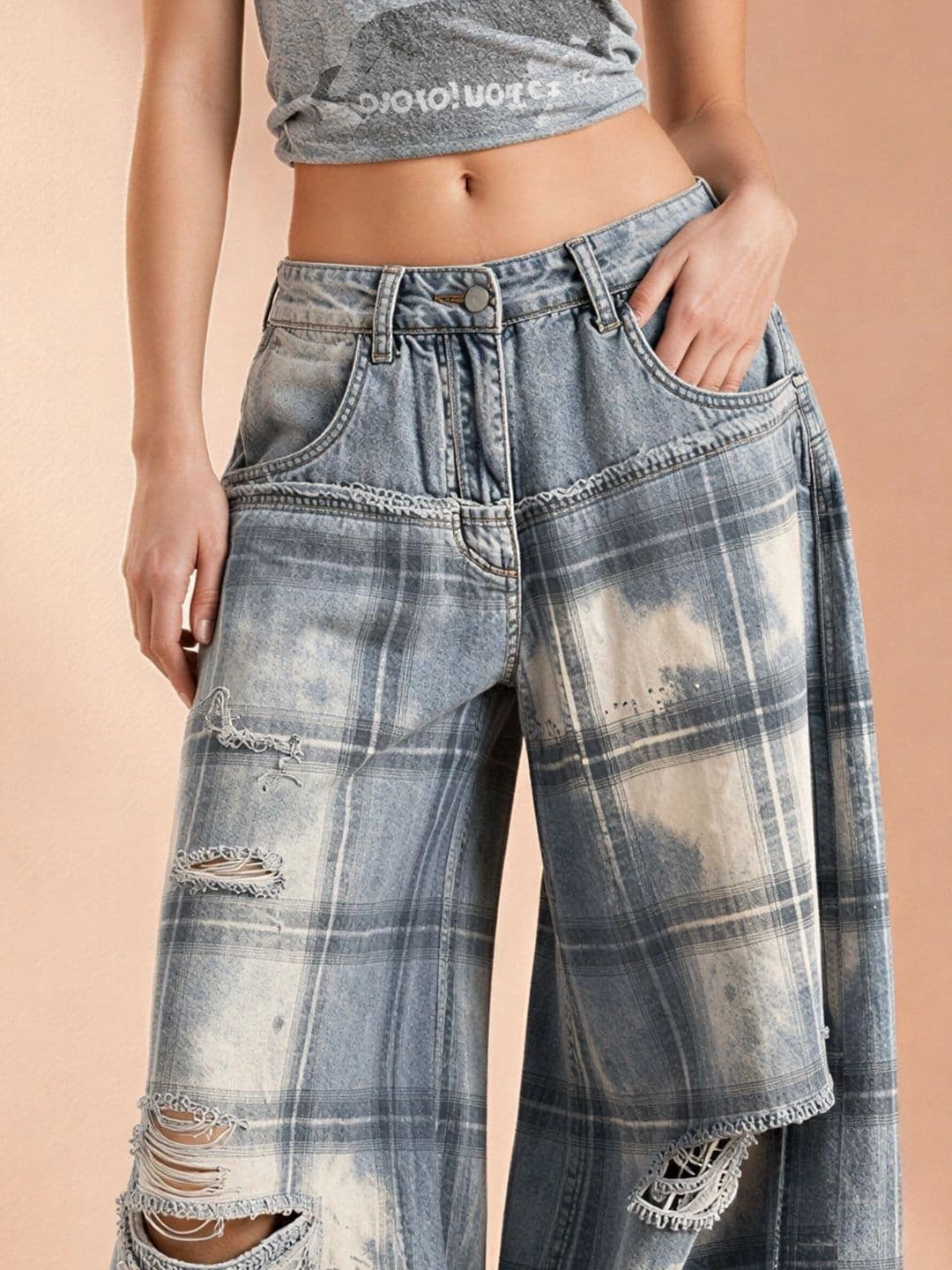 ATELIER REBEL Women Wide Leg Mid-Rise Highly Distressed Light Fade Bleached Jeans thumbnail 7