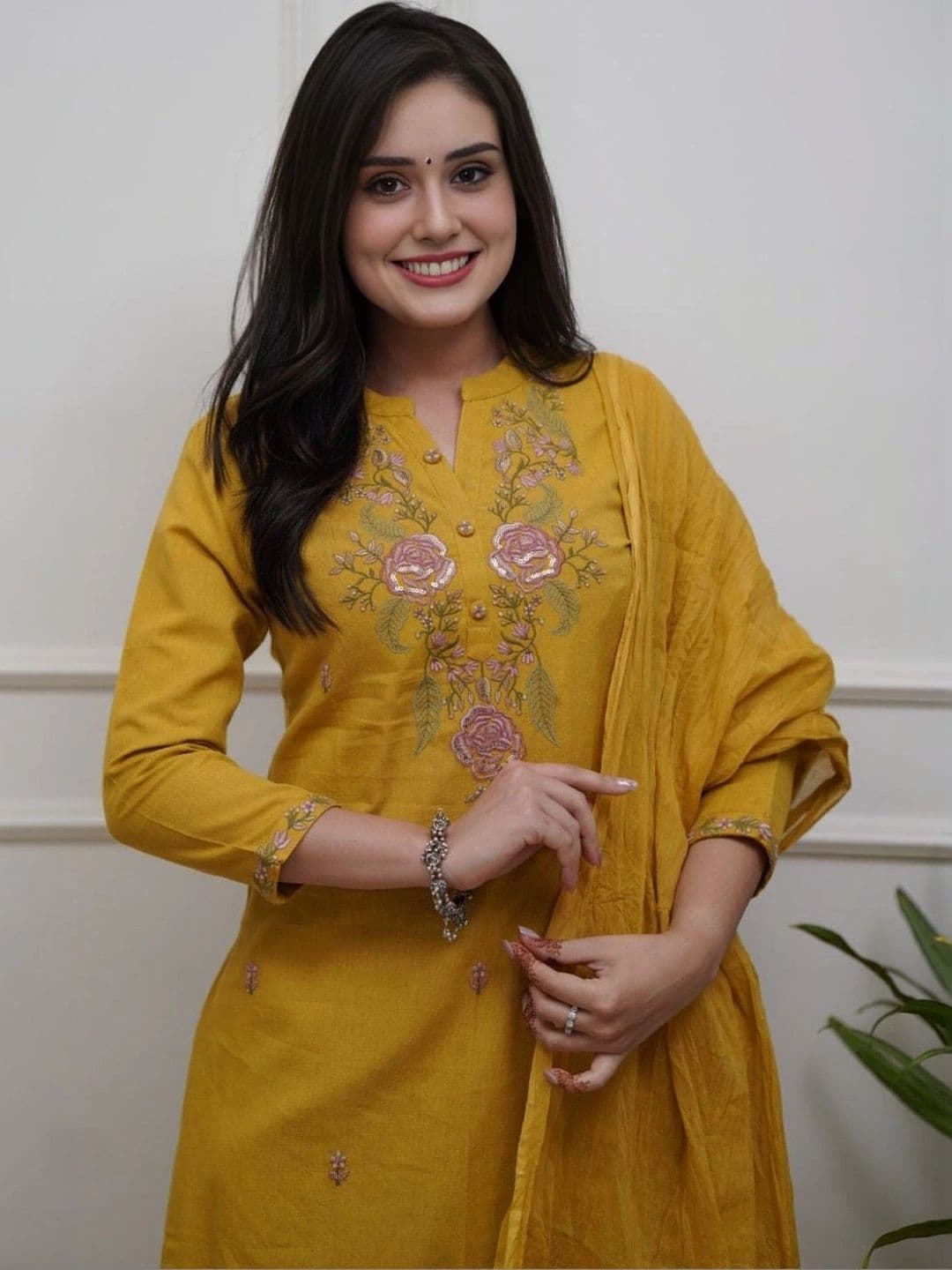 KALAMIR Women Floral Embroidered Regular Sequinned Kurta with Trousers & With Dupatta thumbnail 6
