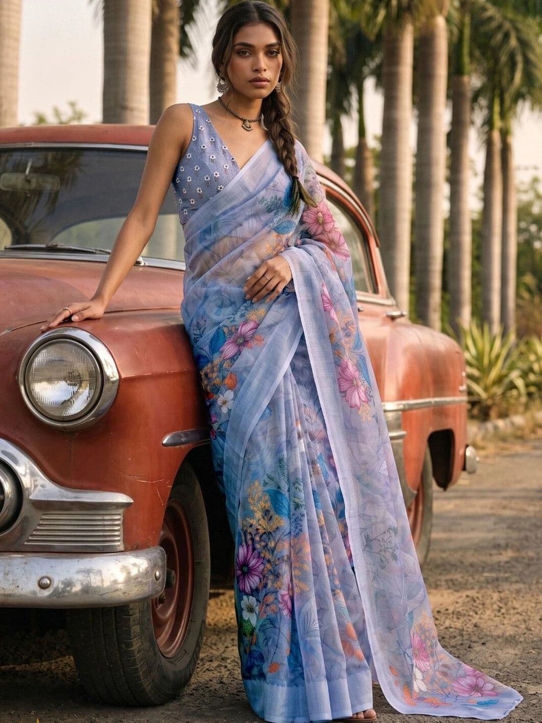 Saara  Printed Light Blue Linen Ready to wear saree for Women With Unstiched Blouse - view 1