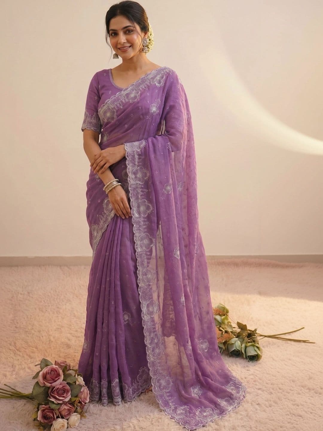RANGVYRA LIFESTYLE Floral Embroidered Pure Georgette Saree - view 1