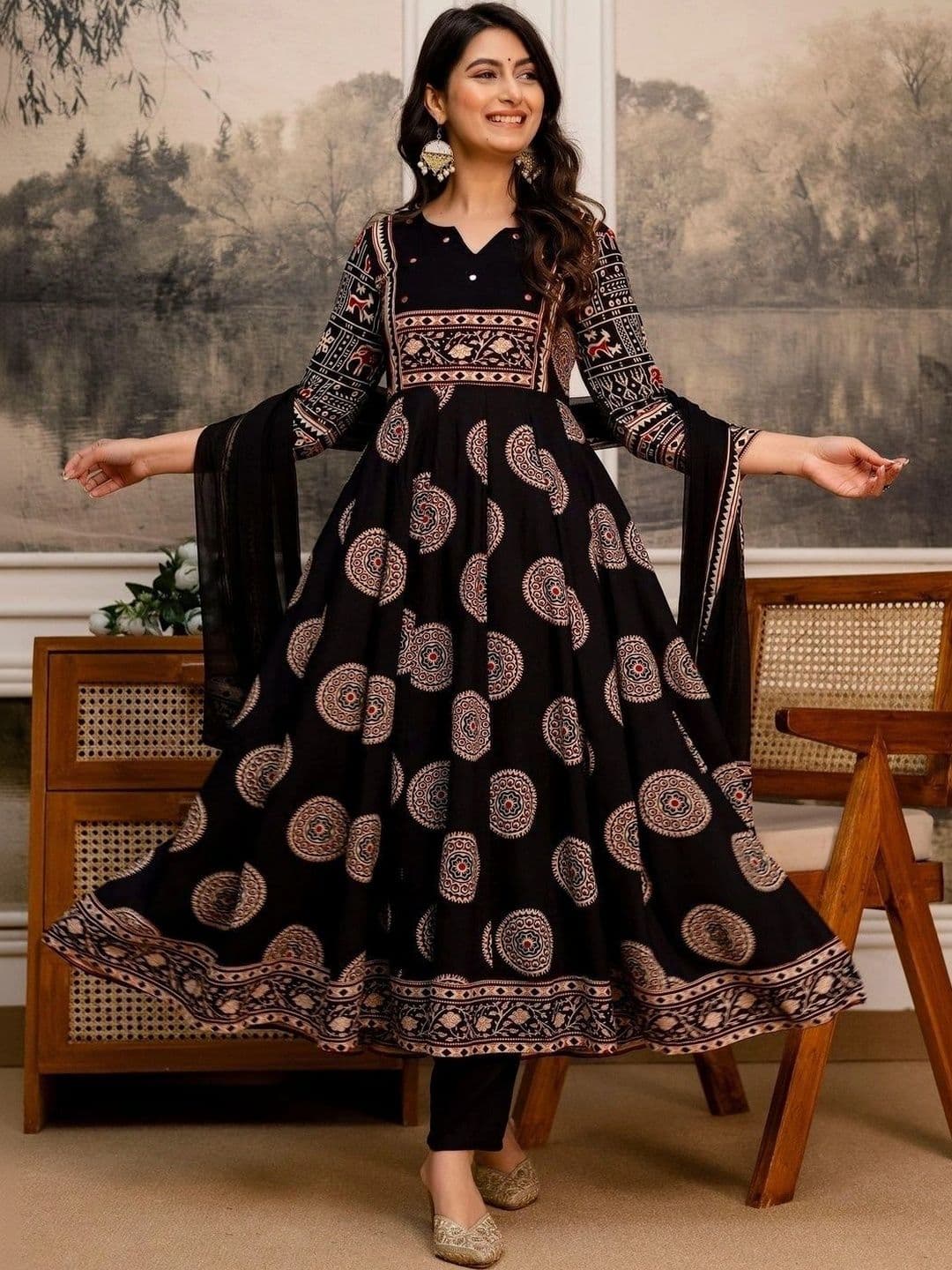 Utsavya Women Ethnic Motifs Printed Empire Mirror Work Pure Cotton Kurta with Trousers & With Dupatta - view 1