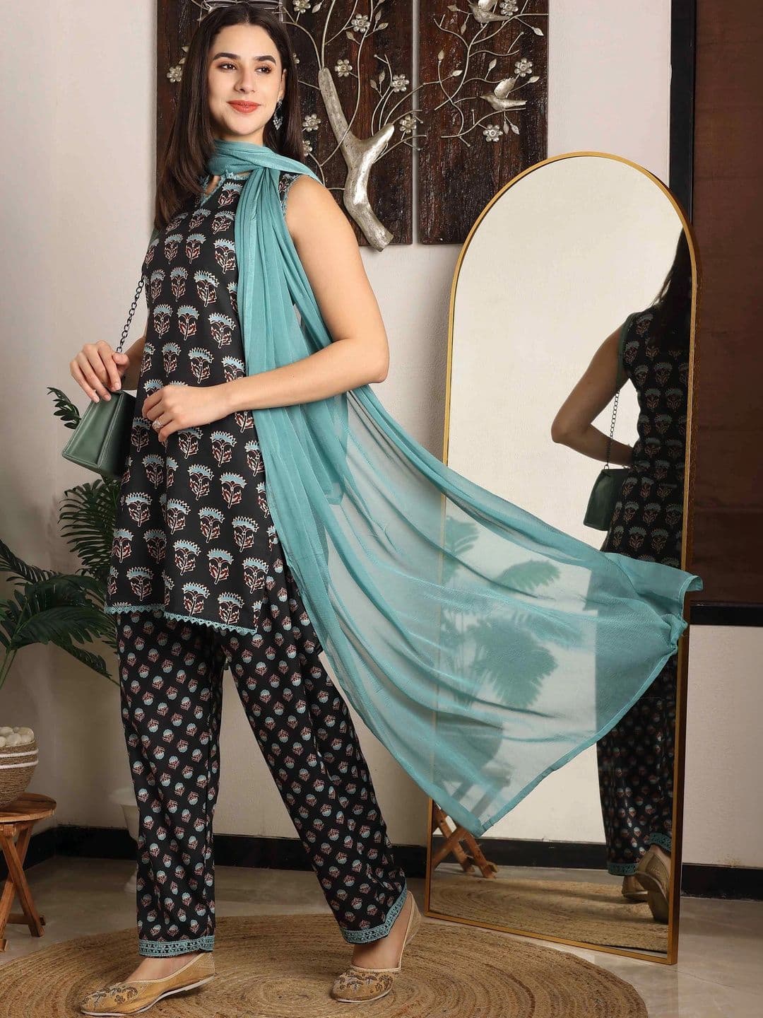 TextileNow Women Ethnic Motifs Printed Regular Pure Cotton Kurta with Trousers & With Dupatta thumbnail 2