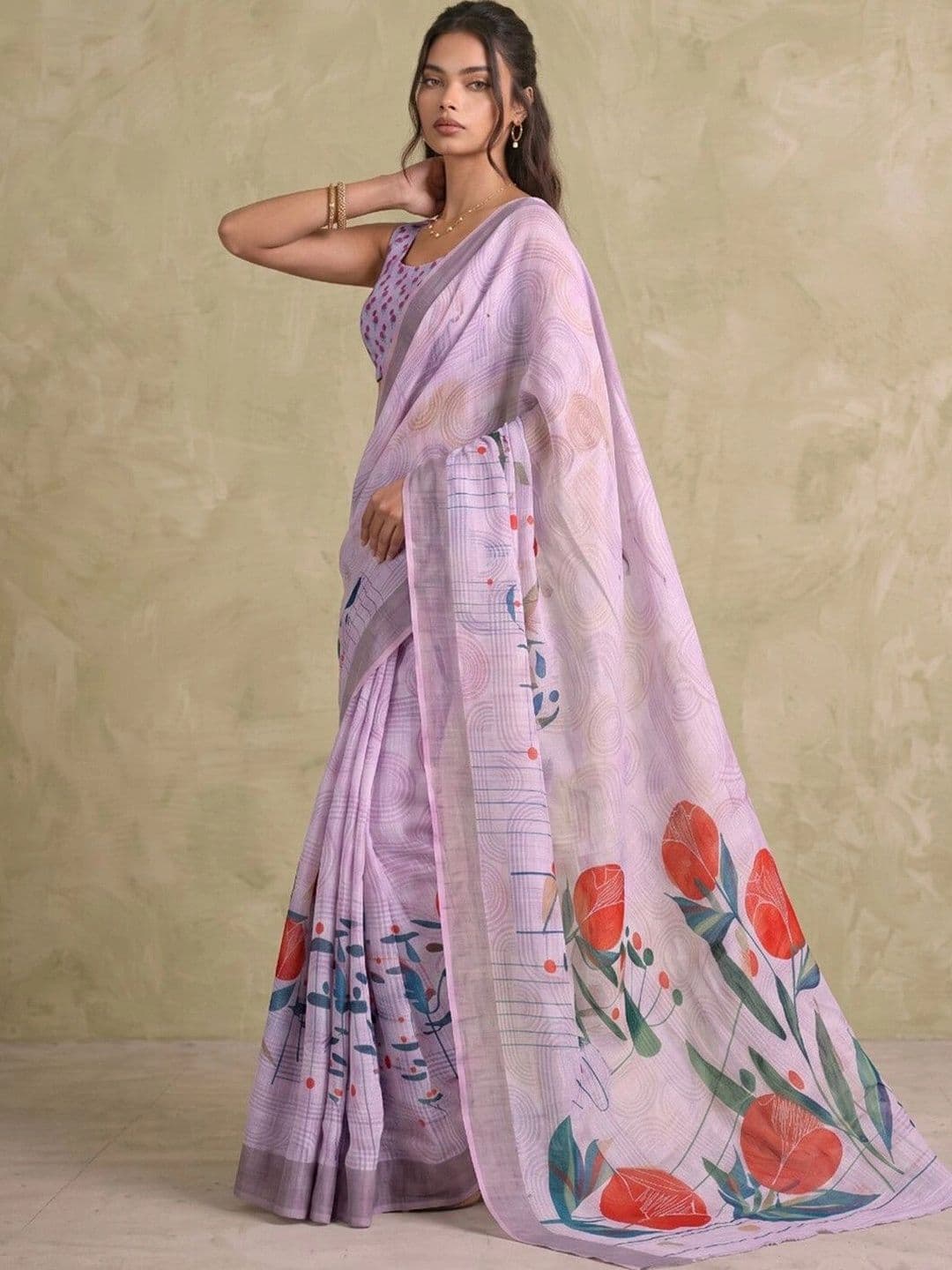 Saara  Printed Dusty Mauve Linen Ready to wear saree for Women With Unstiched Blouse thumbnail 3