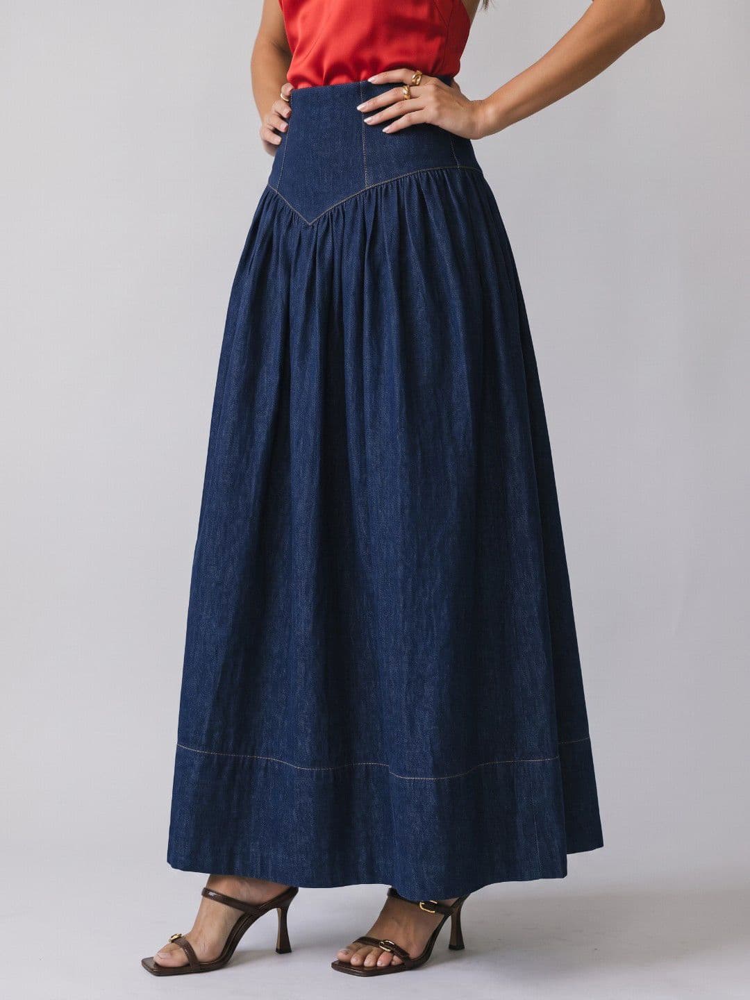 Phosphorus Navy Blue Denim Maxi A-Line Skirt - view 1