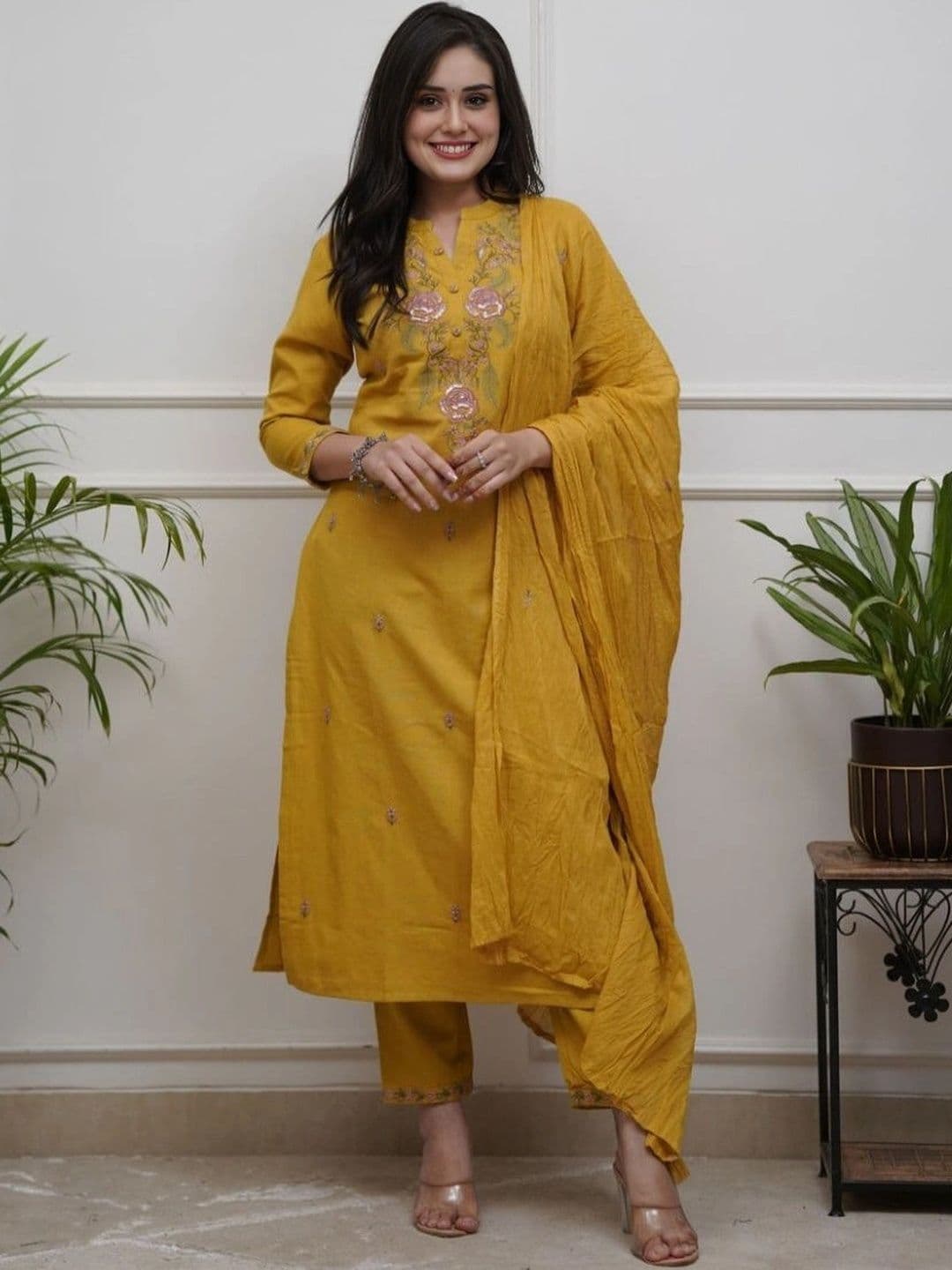 KALAMIR Women Floral Embroidered Regular Sequinned Kurta with Trousers & With Dupatta - view 1