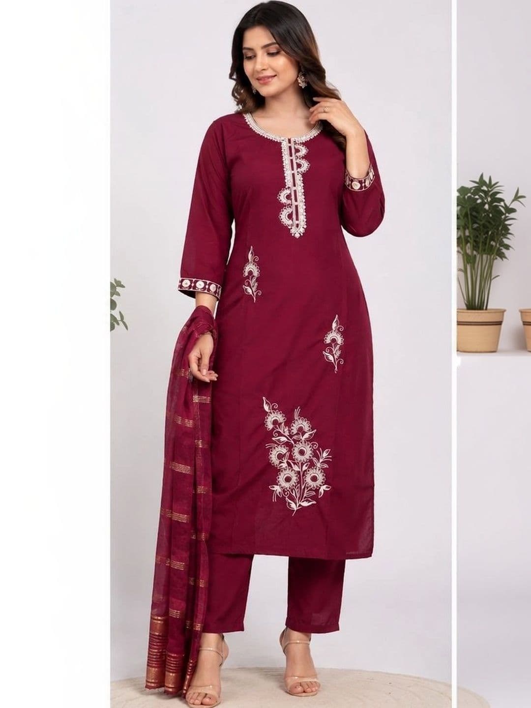 SHYAM TEX Women Ethnic Motifs Embroidered Regular Thread Work Kurta with Trousers & With Dupatta - view 1