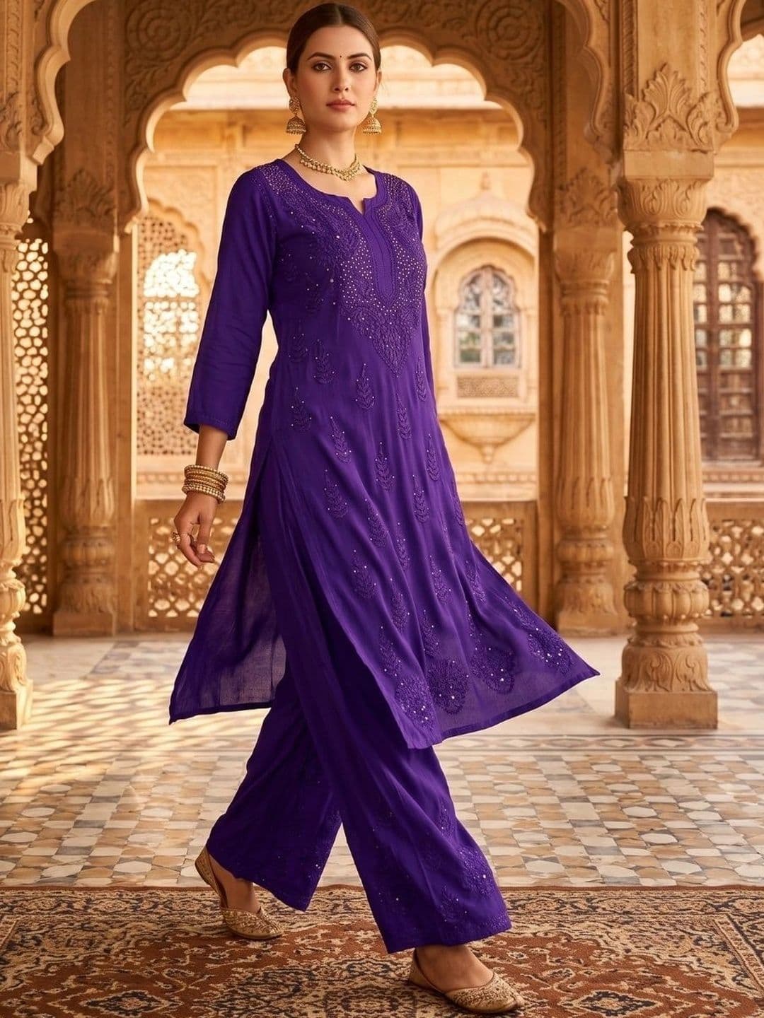 Meiraas Studios Women Ethnic Motifs Embroidered Regular Thread Work Kurta with Palazzos thumbnail 4