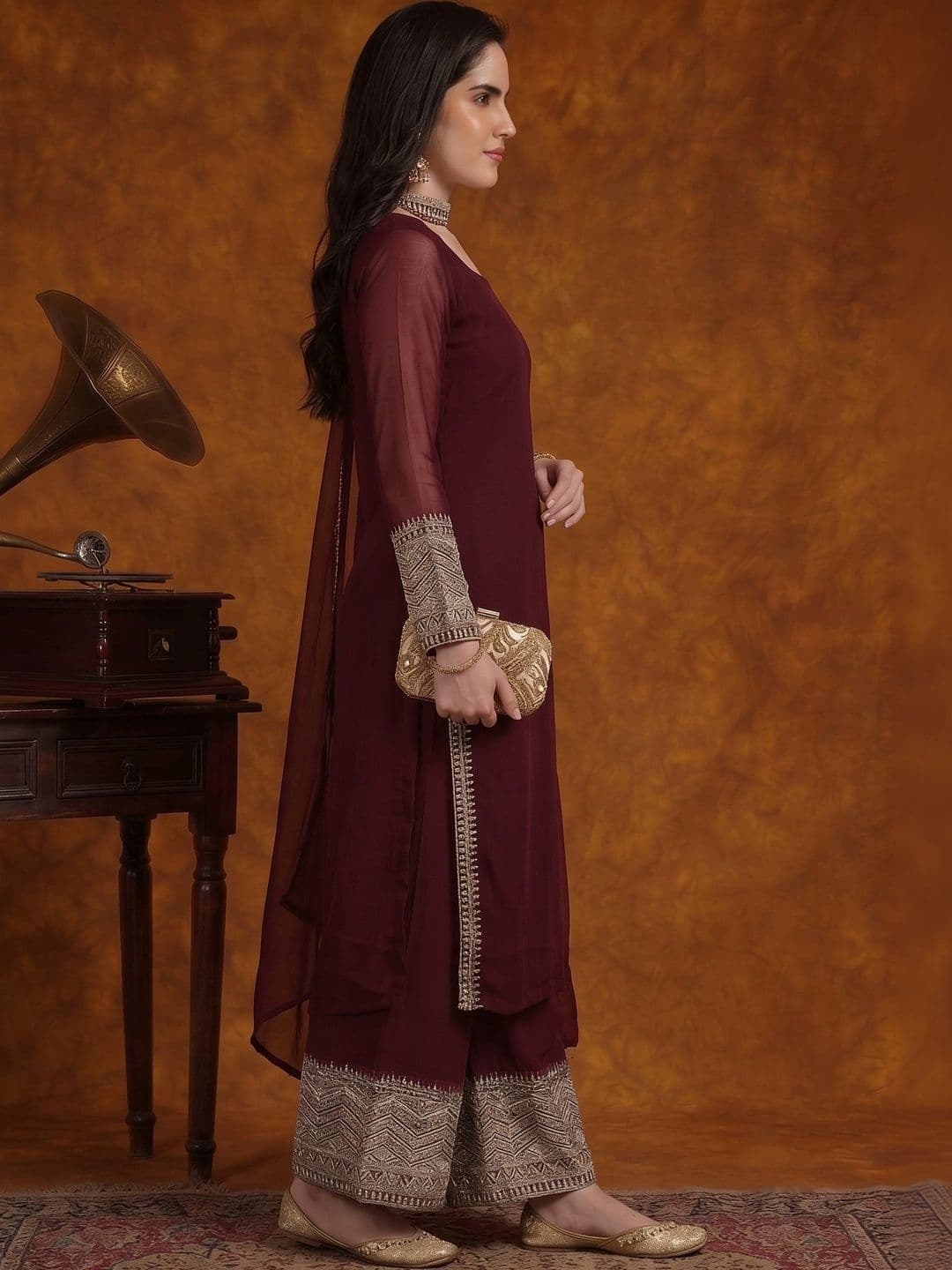 Utsavya Women Ethnic Motifs Embroidered Regular Kurta with Palazzos & With Dupatta thumbnail 4
