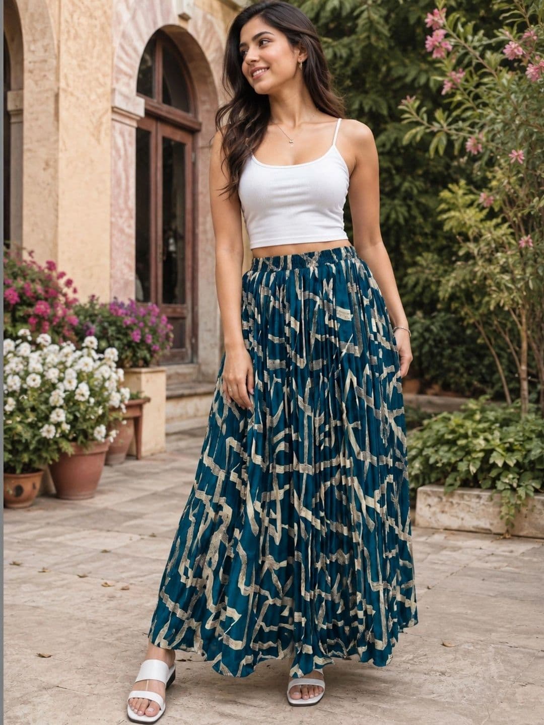 Leela store Women Satin Abstract Maxi Flared Skirt - view 1