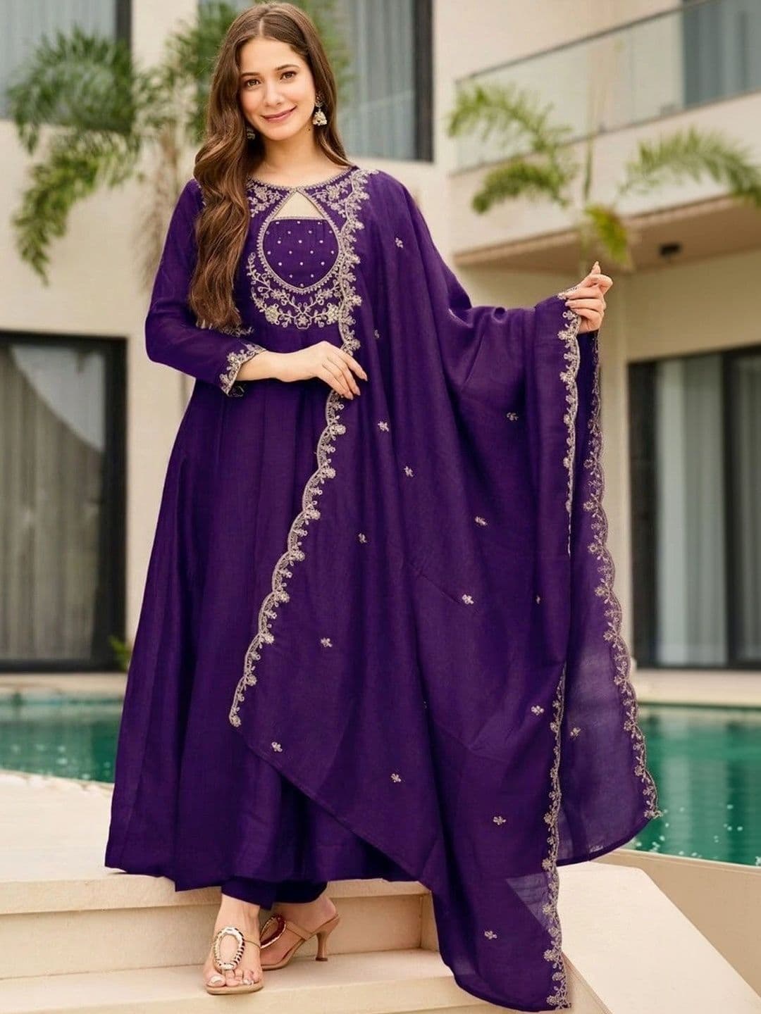 KALINI Women Ethnic Motifs Embroidered Empire Thread Work Kurta with Trousers & With Dupatta thumbnail 6