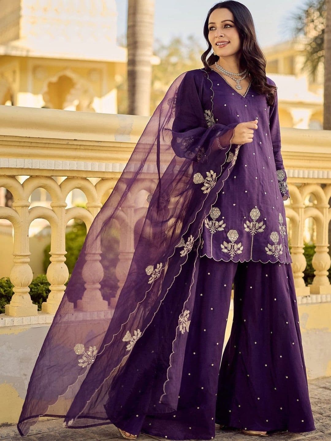 Aeristo Women Ethnic Motifs Embroidered Regular Thread Work Chanderi Silk Kurta with Sharara & With Dupatta - view 1