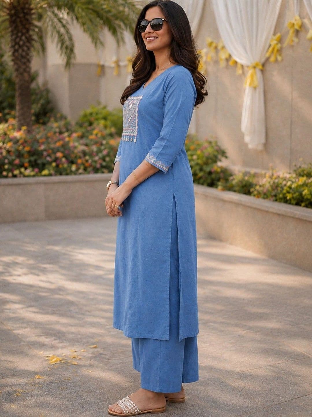 Moda Rapido Women Ethnic Motifs Embroidered Regular Thread Work Pure Cotton Kurta with Palazzos thumbnail 4