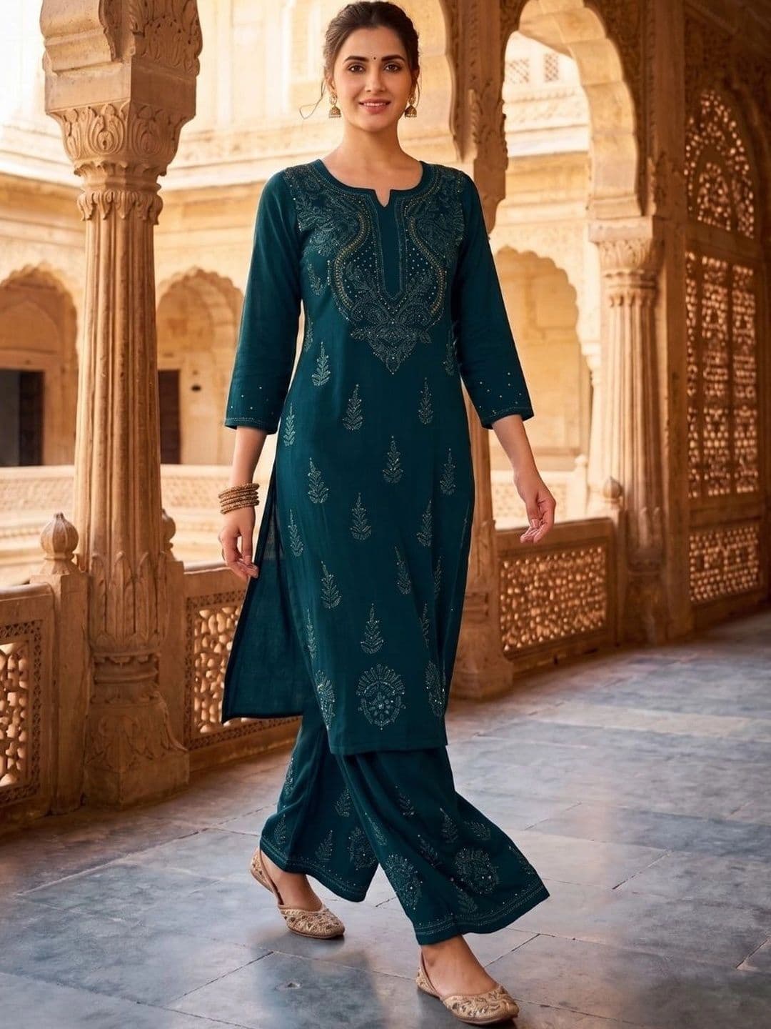 Meiraas Studios Women Ethnic Motifs Embroidered Regular Thread Work Kurta with Palazzos thumbnail 7