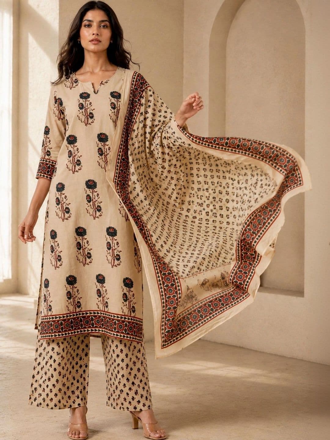 BANSARI COLLECTION Women Ethnic Motifs Printed Regular Pure Cotton Kurta with Palazzos & With Dupatta thumbnail 6