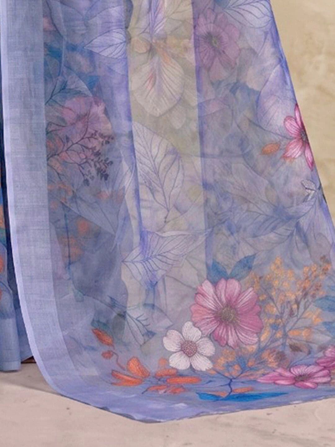 Saara  Printed Light Blue Linen Ready to wear saree for Women With Unstiched Blouse thumbnail 3
