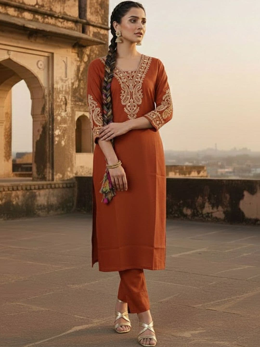 Varanga Women Ethnic Motifs Embroidered Regular Thread Work Kurta with Trousers thumbnail 2