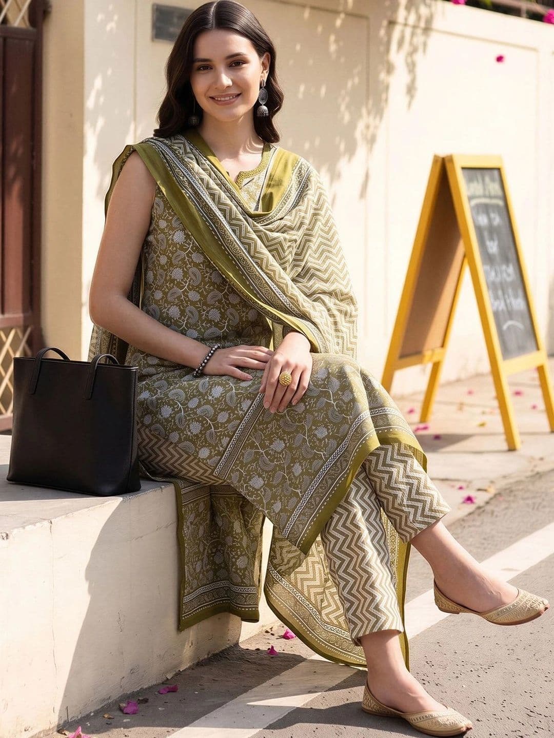 Indo Era Women Ethnic Motifs Printed Regular Pure Cotton Kurta with Trousers & With Dupatta thumbnail 2