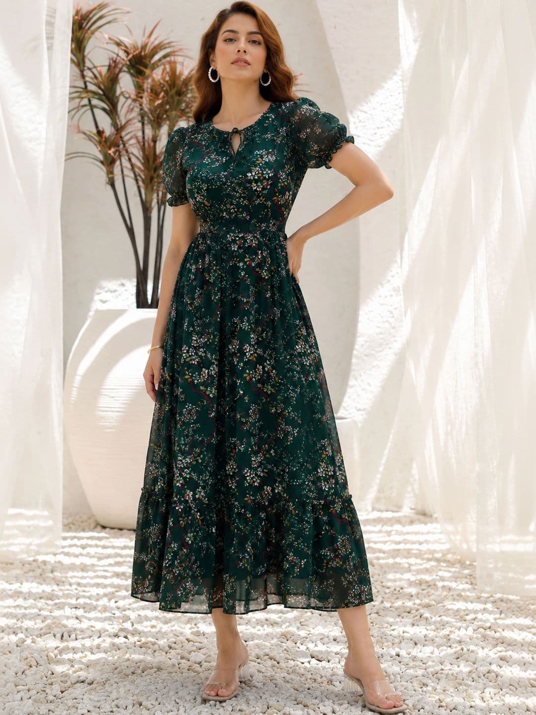 QENA Floral Print Puff Sleeve Georgette A-Line Midi Dress thumbnail 2