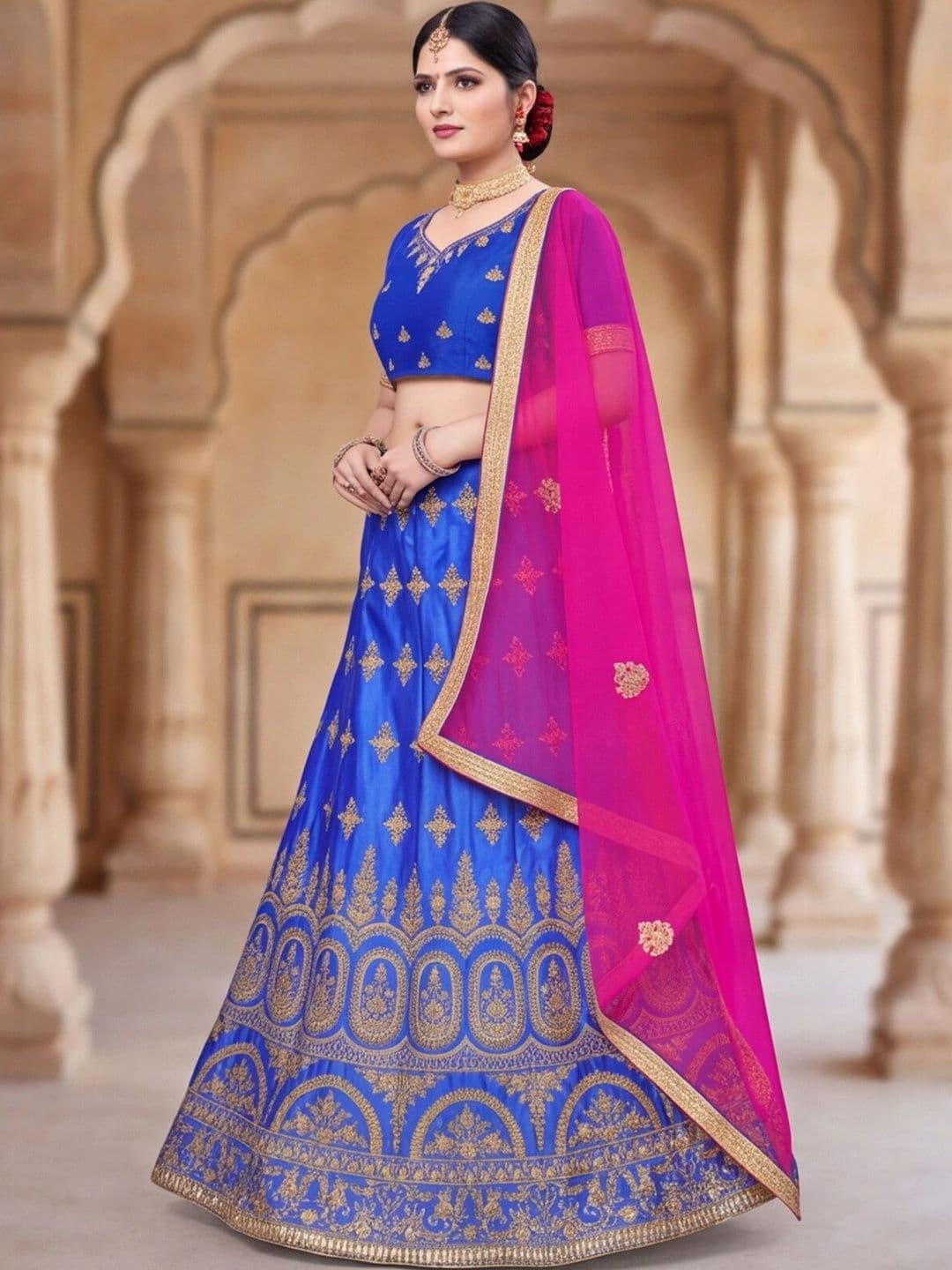 Sangria Embroidered Semi-Stitched Lehenga & Unstitched Blouse With Dupatta thumbnail 6