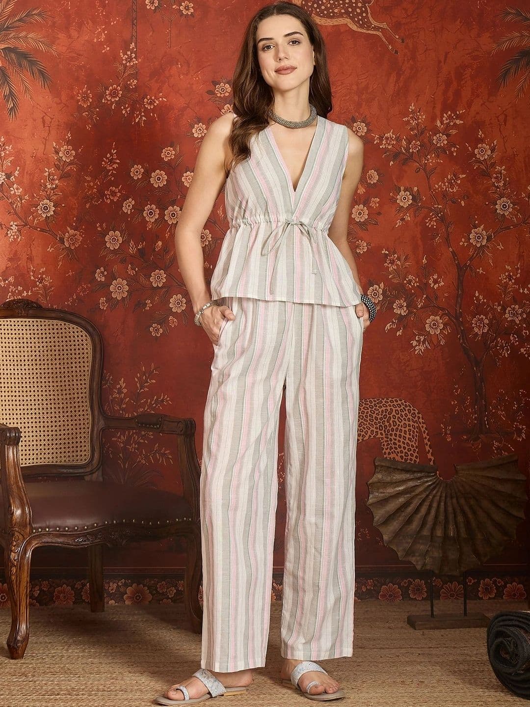 Sangria Pastels Cotton Striped Top with Trousers - view 1