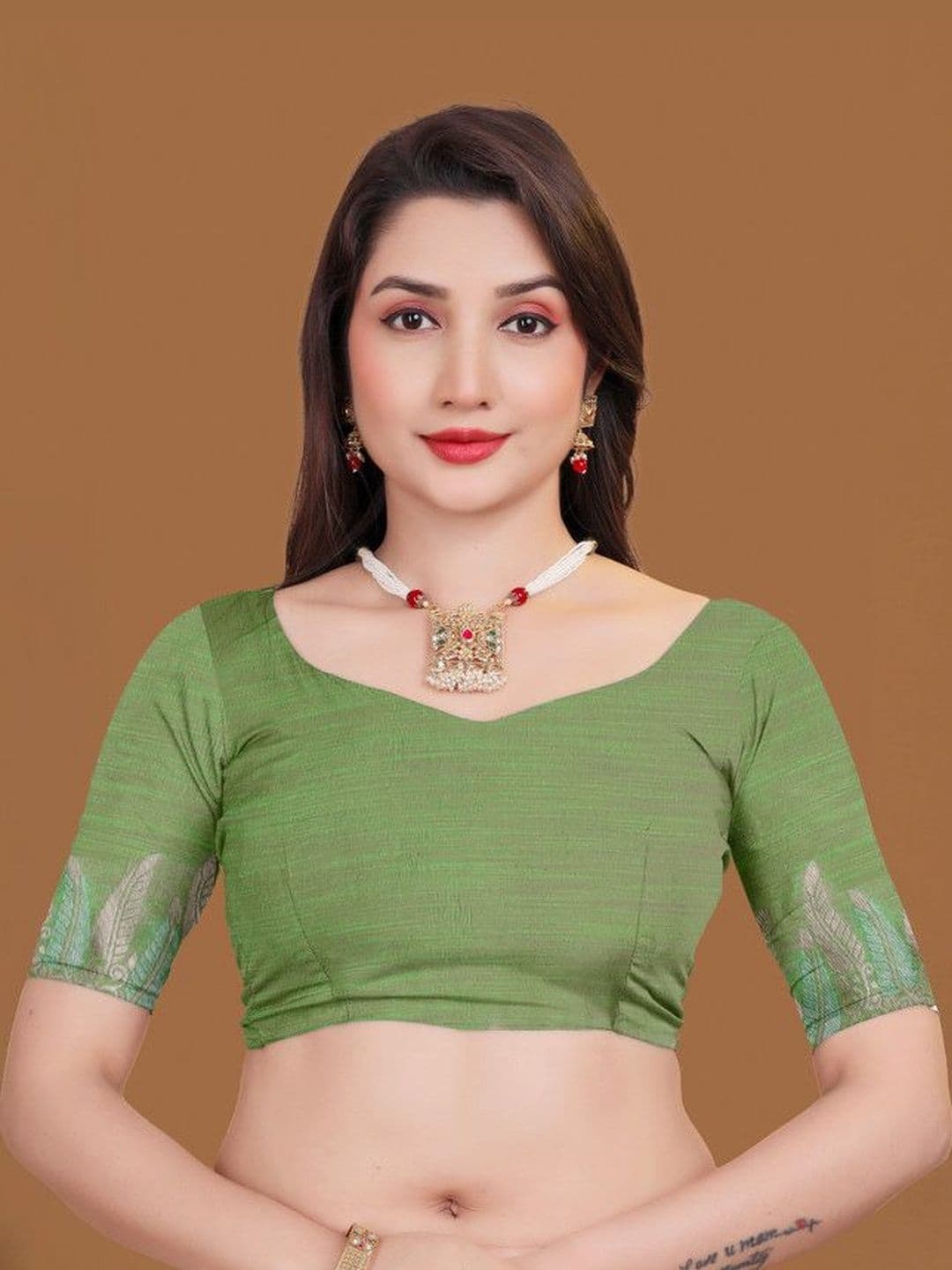 Prisan Women Parrot Green Woven Cotton Saree with Unstitched Blouse thumbnail 7