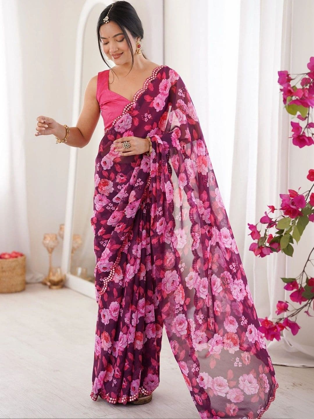 Mitera Floral Mirror Work Poly Georgette Saree thumbnail 3
