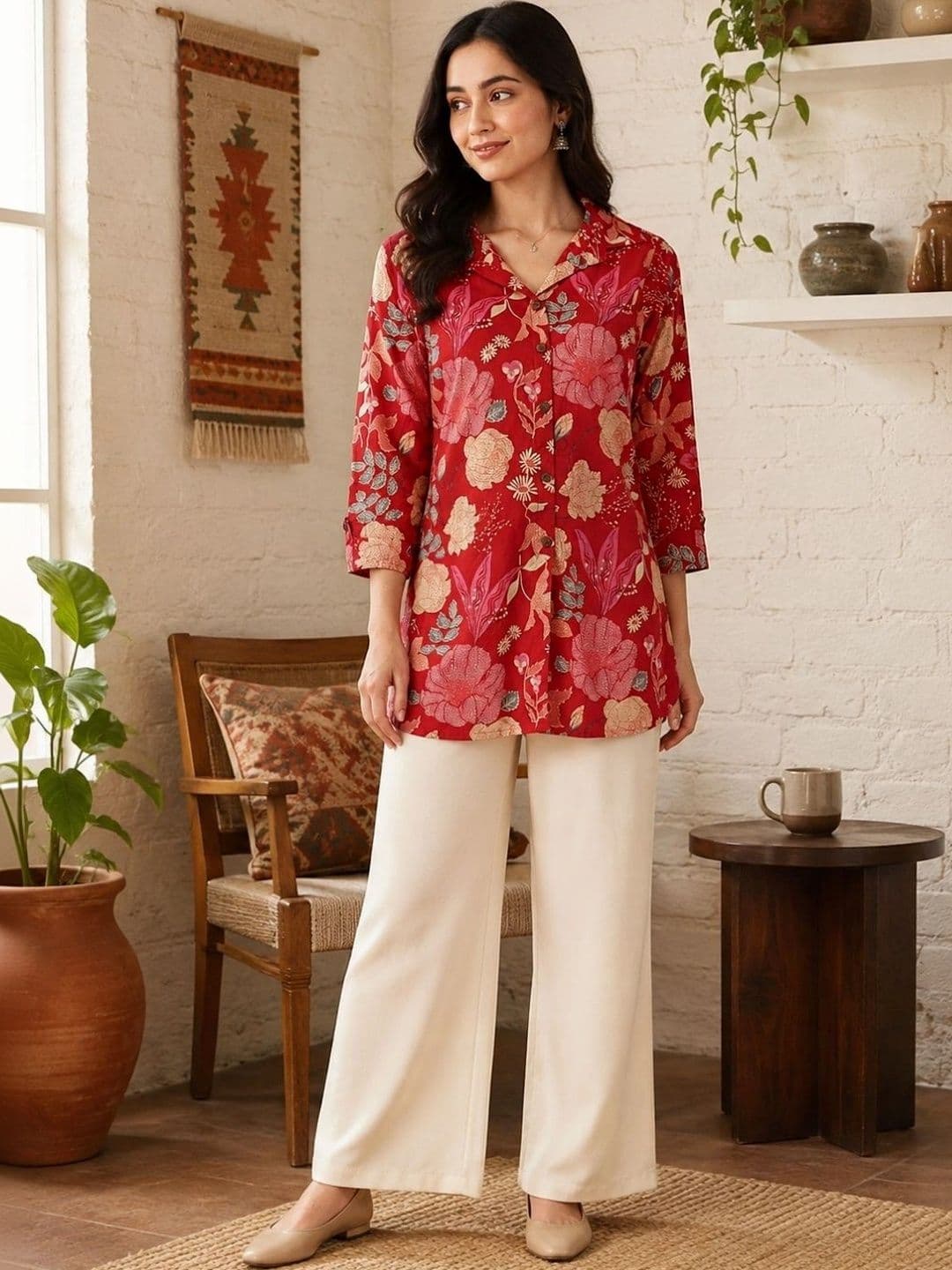 FERANOID Floral Printed Shirt Collar Pure Cotton Blend Kurti thumbnail 5