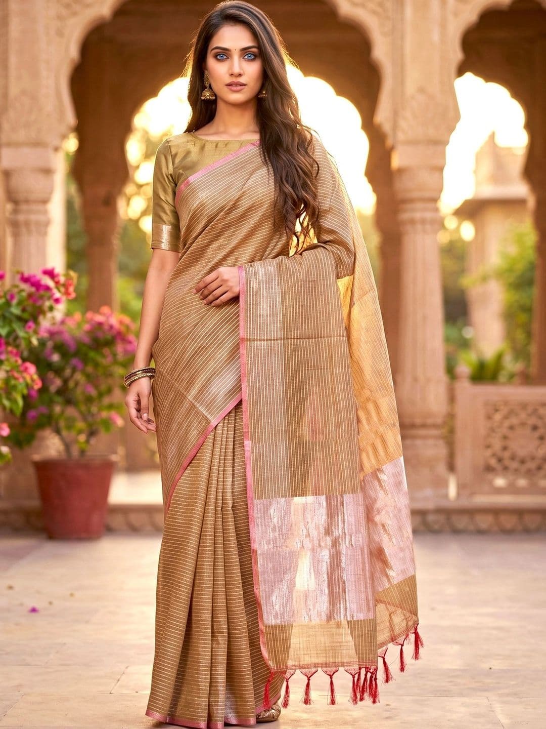 Naveera Striped Zari Tissue Designer Banarasi Saree - view 1