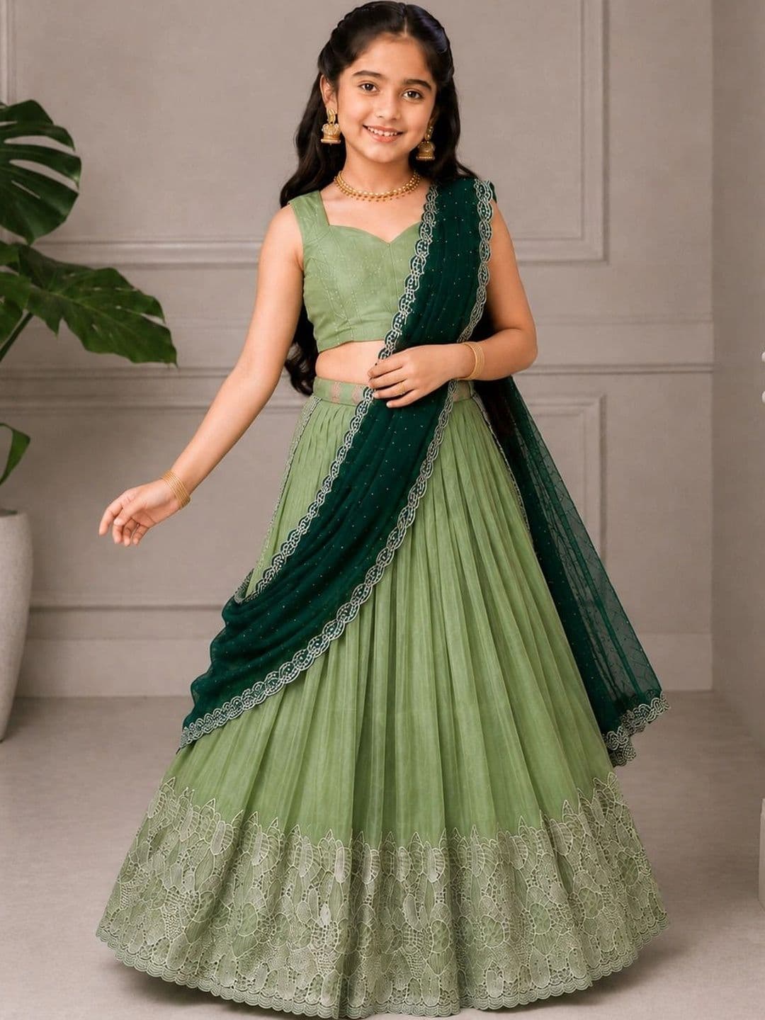 DEVANGI VASTRA Girls Thread Work Ready to Wear Lehenga & Unstitched Blouse With Dupatta thumbnail 4