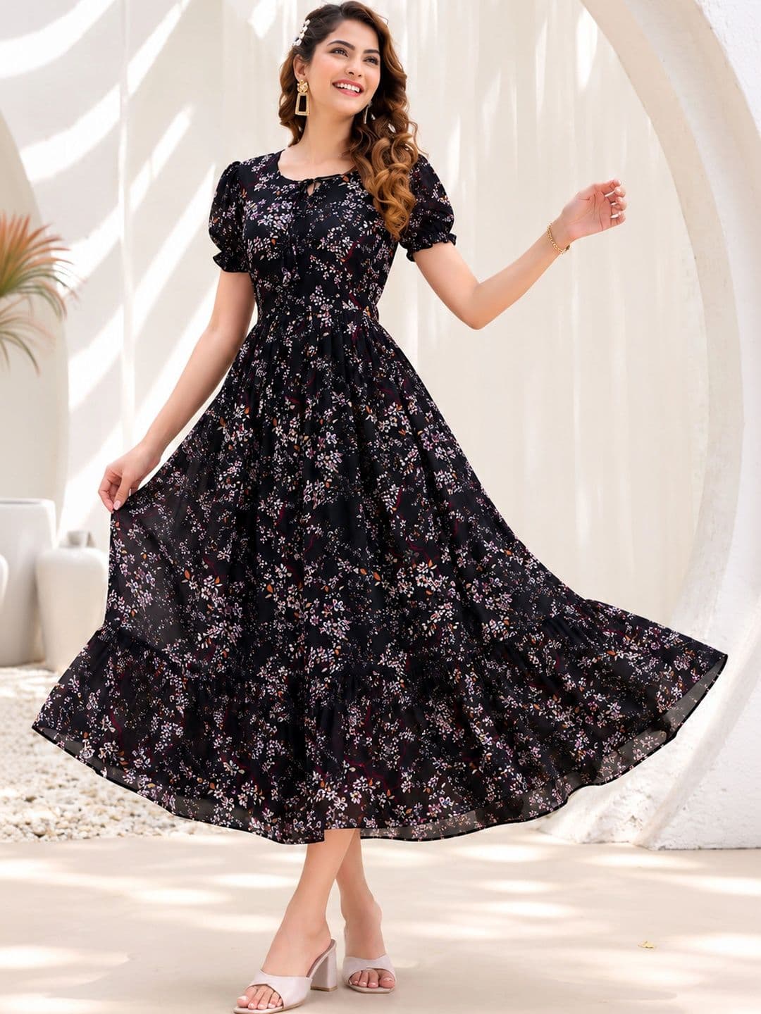QENA Floral Print Puff Sleeve Georgette A-Line Maxi Dress thumbnail 7