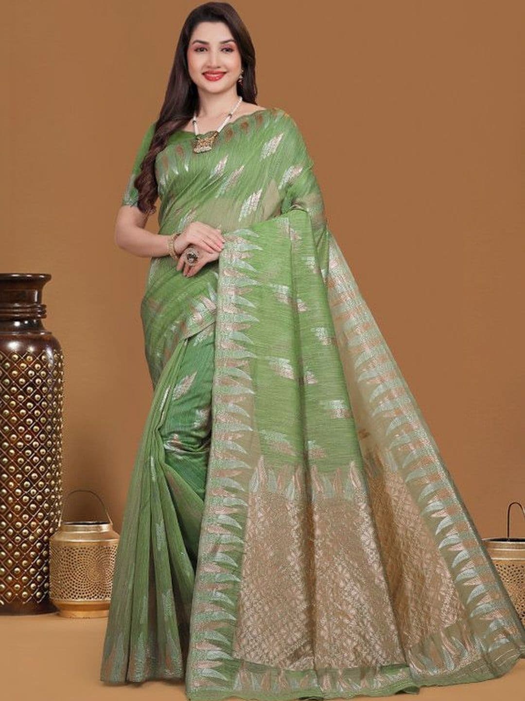 Prisan Women Parrot Green Woven Cotton Saree with Unstitched Blouse thumbnail 3