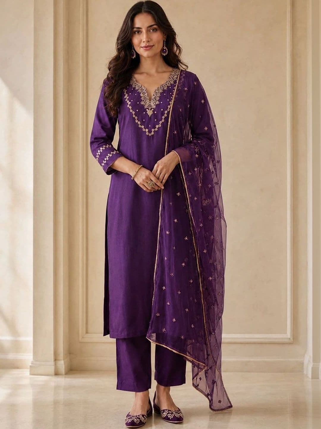 Varanga Women Ethnic Motifs Embroidered Thread Work Kurta with Trousers & With Dupatta - view 1
