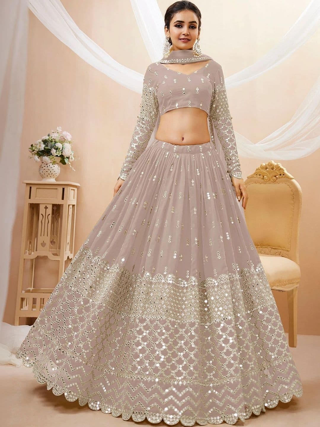 Zeel Clothing Embellished Mirror Work Semi-Stitched Lehenga & Unstitched Blouse With Dupatta thumbnail 4