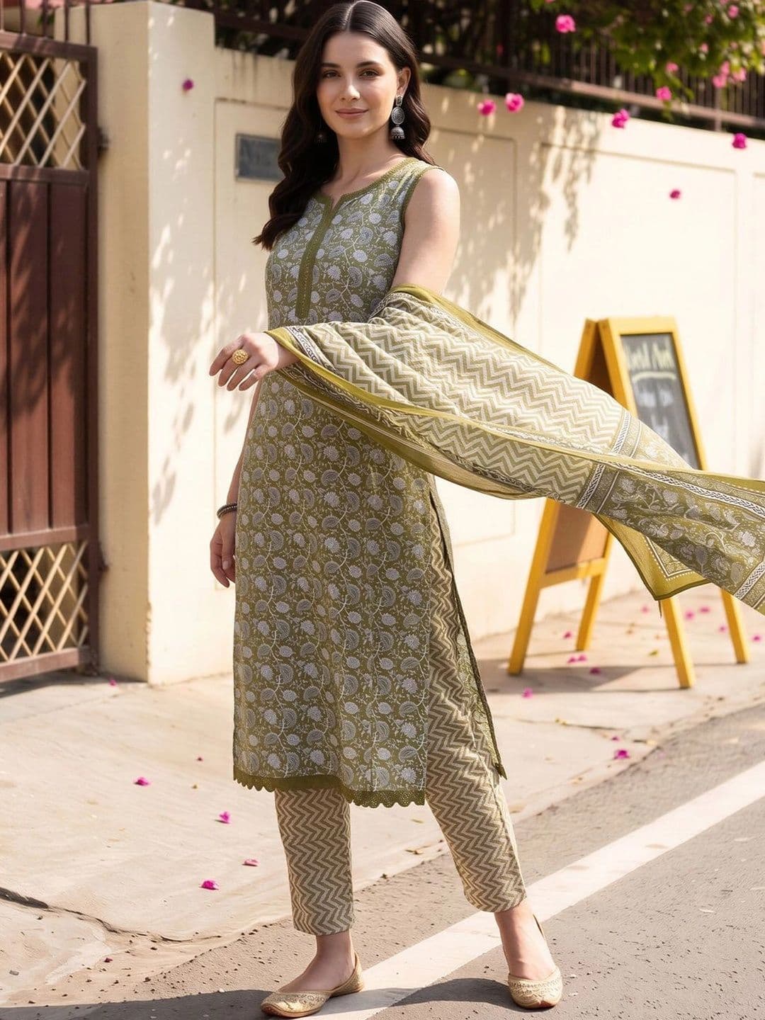 Indo Era Women Ethnic Motifs Printed Regular Pure Cotton Kurta with Trousers & With Dupatta thumbnail 4