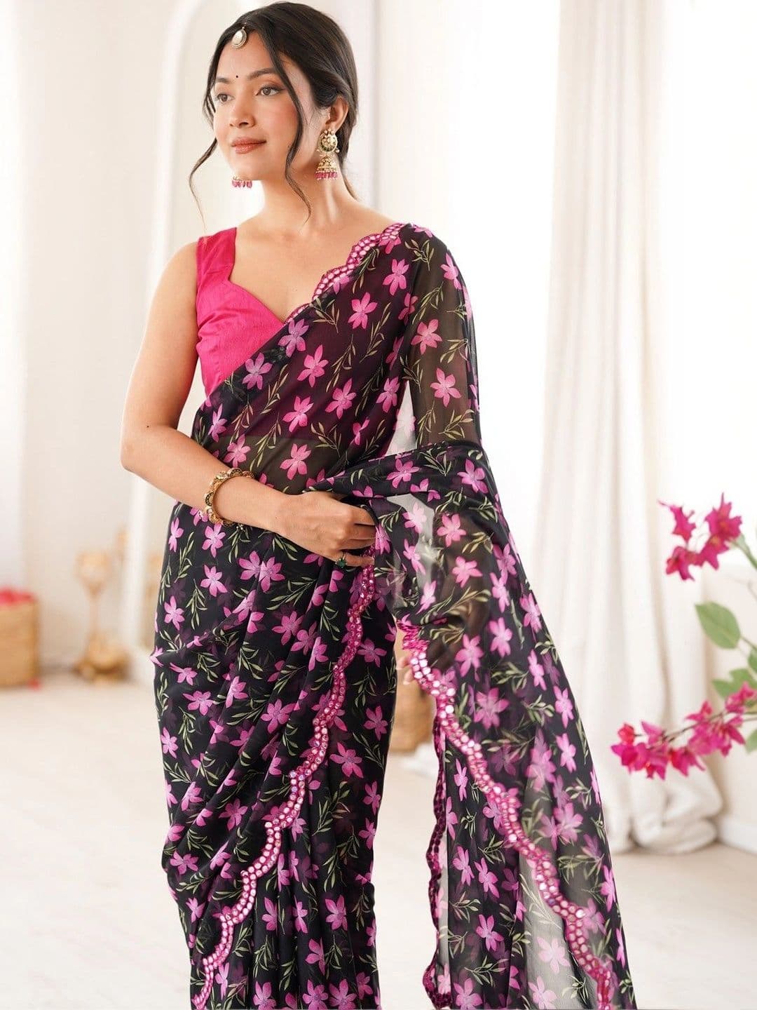 Mitera Floral Mirror Work Poly Georgette Saree thumbnail 4