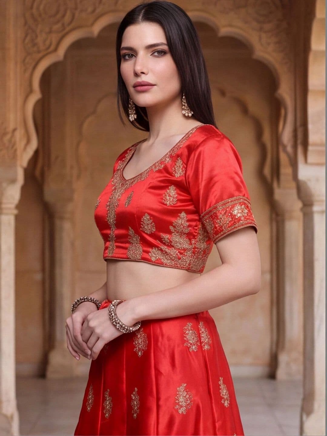 Sangria Embroidered Semi-Stitched Lehenga & Unstitched Blouse With Dupatta thumbnail 7