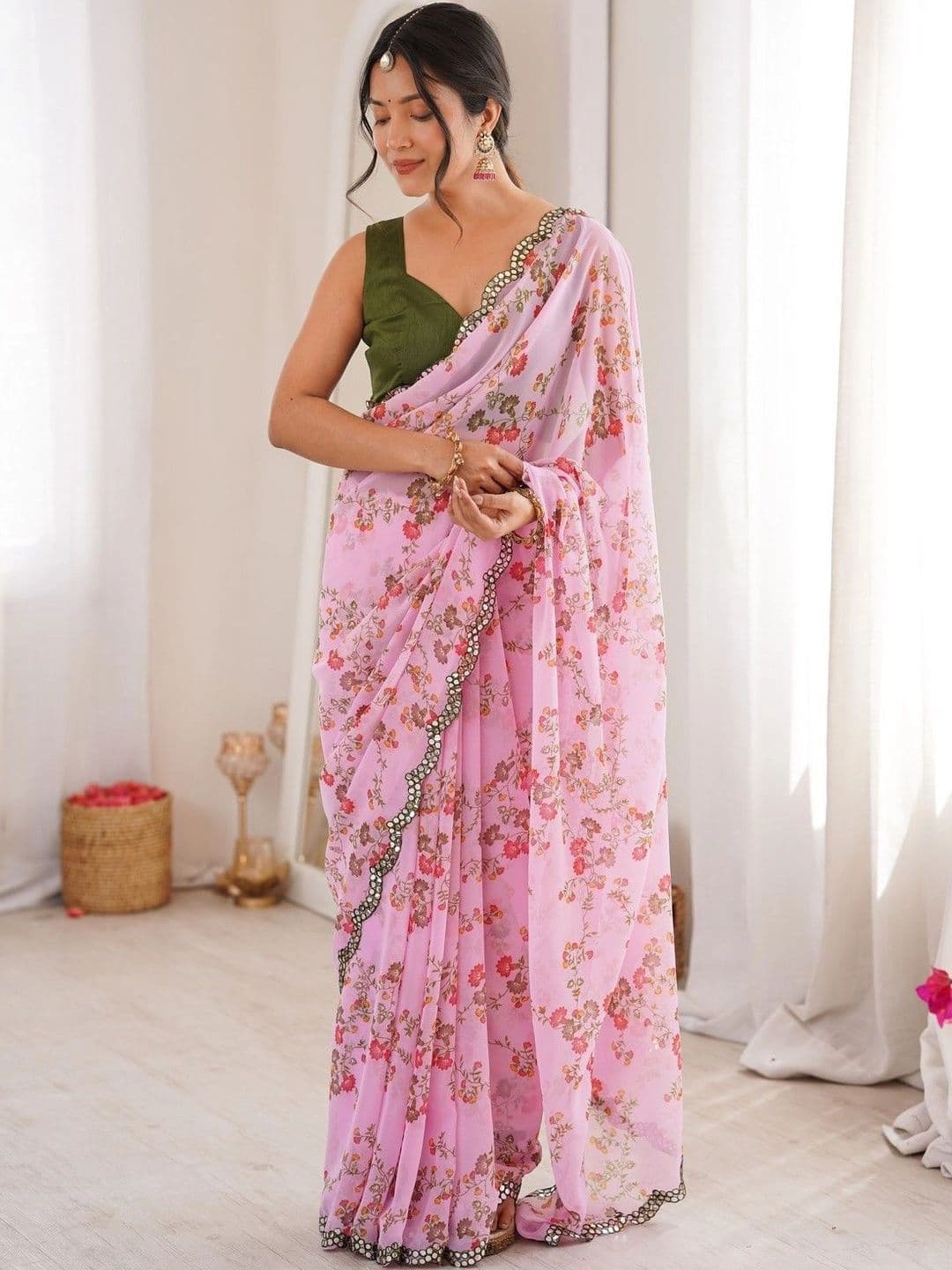 Mitera Floral Mirror Work Poly Georgette Saree thumbnail 5