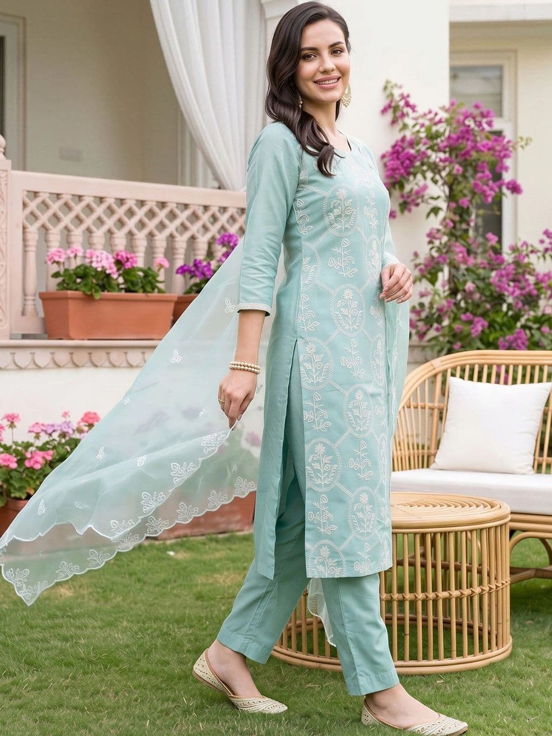 Indo Era Women Ethnic Motifs Embroidered Regular Thread Work Kurta with Trousers & With Dupatta thumbnail 3