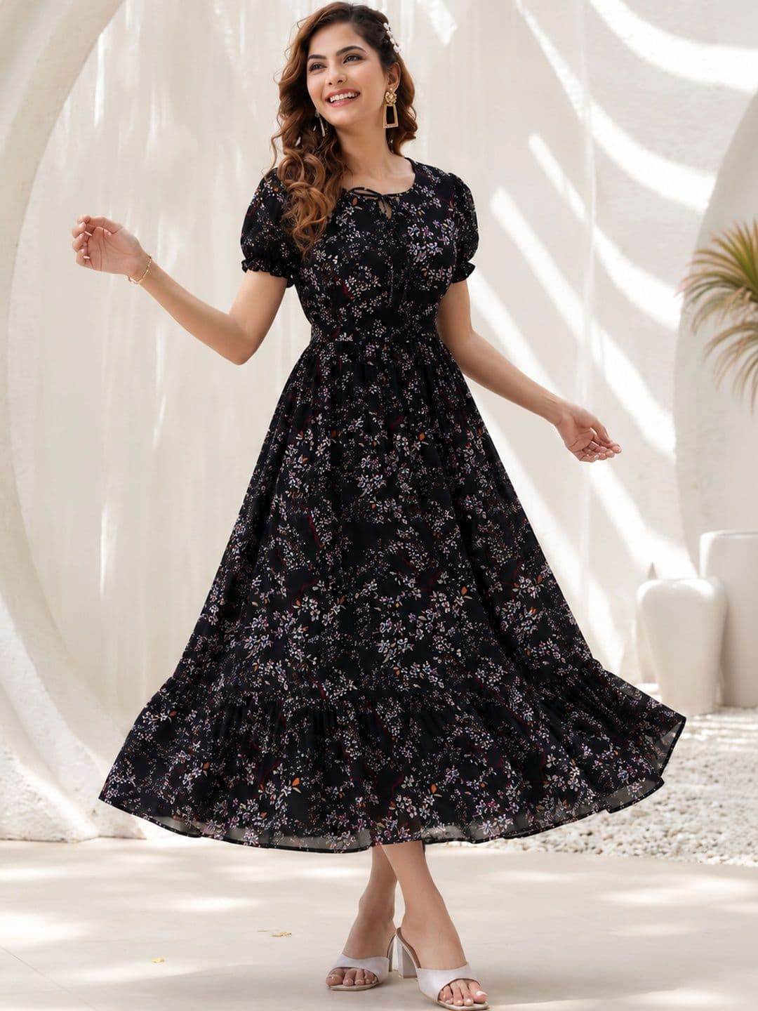 QENA Floral Print Puff Sleeve Georgette A-Line Maxi Dress - view 1