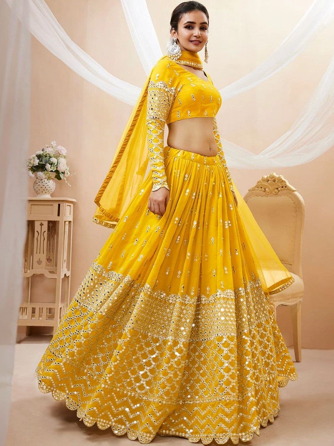 Zeel Clothing Embellished Mirror Work Semi-Stitched Lehenga & Unstitched Blouse With Dupatta thumbnail 3