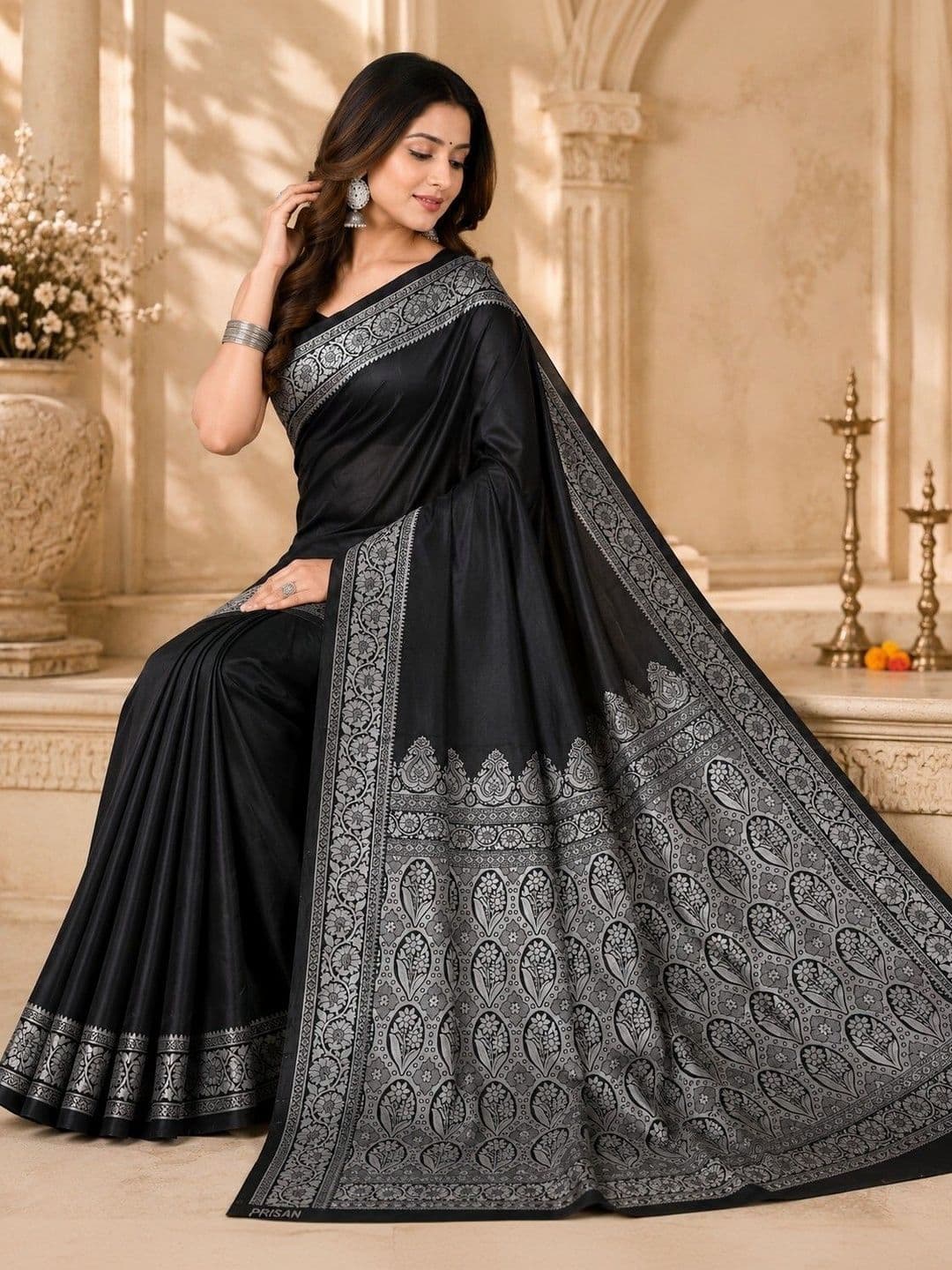 Prisan Women Black Woven Banarasi Soft Silk Saree with Unstitched Blouse thumbnail 7