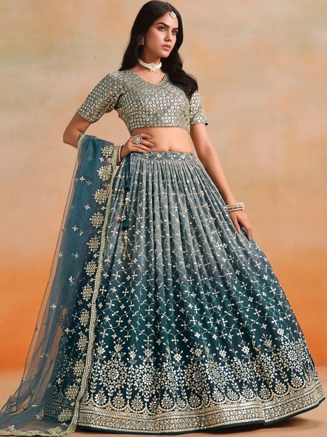 Zeel Clothing Embellished Sequinned Semi-Stitched Lehenga & Unstitched Blouse With Dupatta thumbnail 7
