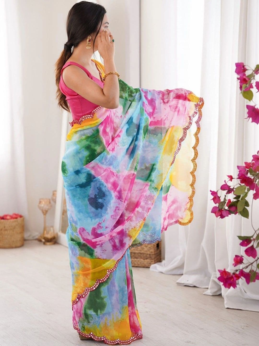 Mitera Tie and Dye Mirror Work Poly Georgette Saree thumbnail 2