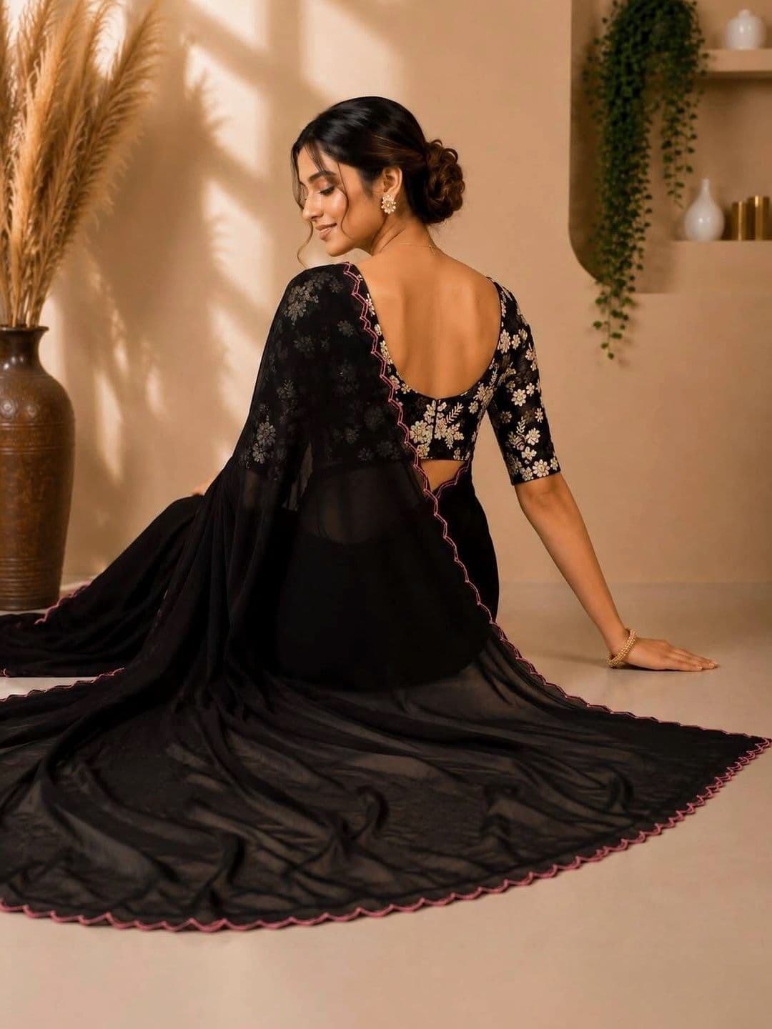 Vastra Drape Floral Embroidered Poly Georgette Saree thumbnail 4