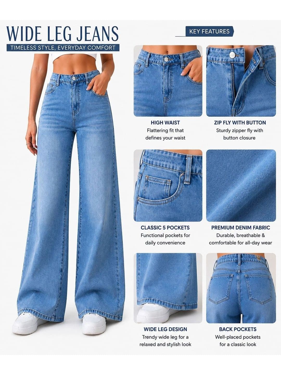 ADBUCKS Women Wide Leg High-Rise Light Fade Stretchable Jeans thumbnail 4
