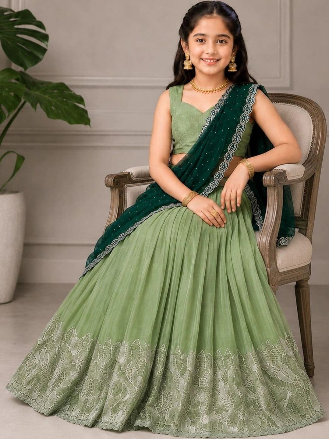 DEVANGI VASTRA Girls Thread Work Ready to Wear Lehenga & Unstitched Blouse With Dupatta thumbnail 6